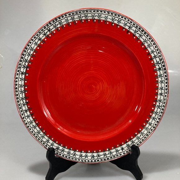 Anthro Red w Teal White Banded Border Dinner Plate - Picture 1 of 4
